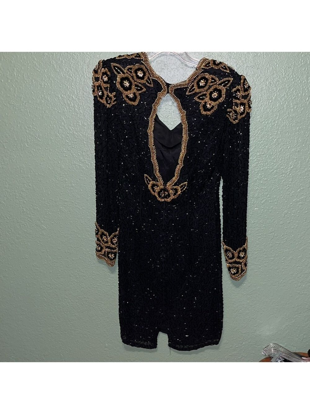 vintage long sleeve heavily beaded black and gold silk dress 70s 80s Morigana - Picture 6 of 8